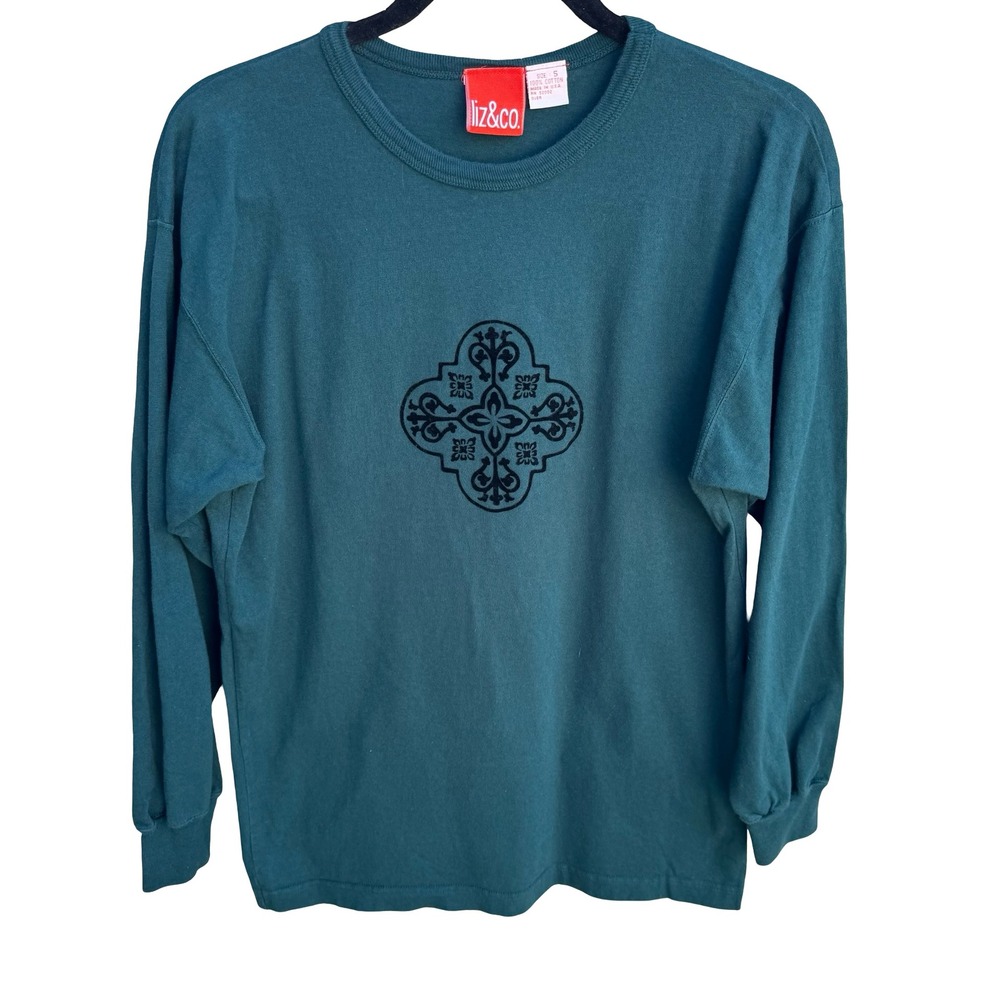 Liz & Co Vintage 90s Earthy Graphic Medallion Flocked Alt Shirt Green Womens‎ S